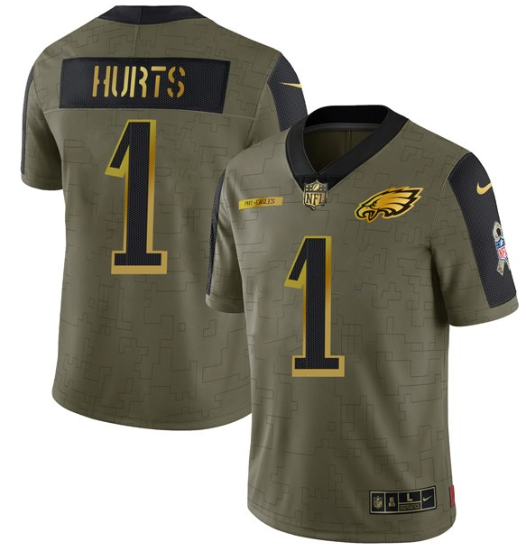 Men's Philadelphia Eagles #1 Jalen Hurts 2021 Olive Salute To Service Golden Limited Stitched Jersey Men's Philadelphia Eagles #1 Jalen Hurts 2021 Olive Salute To Service Golden Limited Stitched Jersey